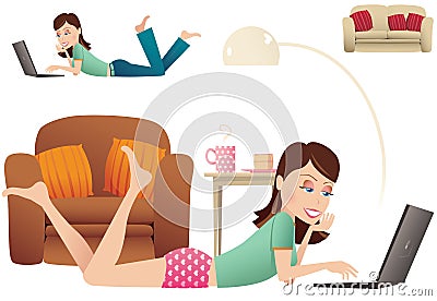 Woman laying with laptop Vector Illustration