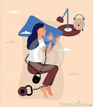 Woman is laying on side and sleeping.Tired girl cannot wake up and go out of the bed.Ð¡hains with a lock and a weight tie her. Vector Illustration