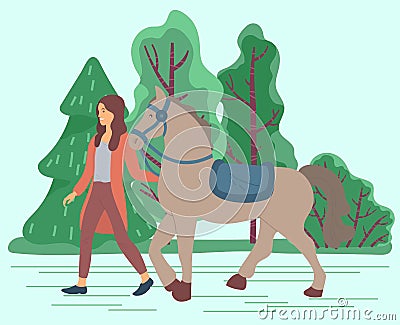 Woman Lead Horse, Stallion with Saddle and Curb Vector Illustration