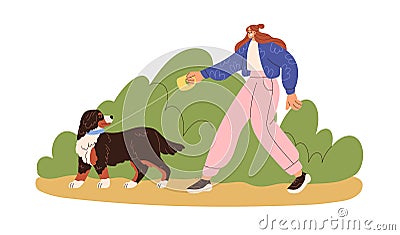 Woman leading cute doggy on leash. Dog walker, pet owner walking with Sennenhunds breed puppy outdoor. Happy girl with Cartoon Illustration