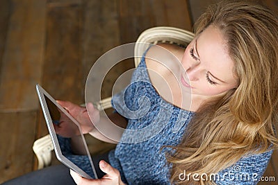 Woman learning how to use touchscreen tablet Stock Photo