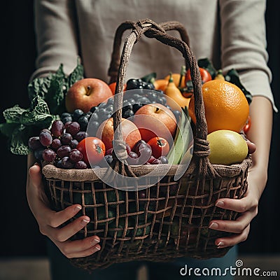 Woman leaves the market with a basket or a large package full of fruits and vegetables. Generative AI Stock Photo