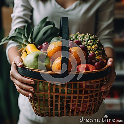 Woman leaves the market with a basket or a large package full of fruits and vegetables. Generative AI Stock Photo