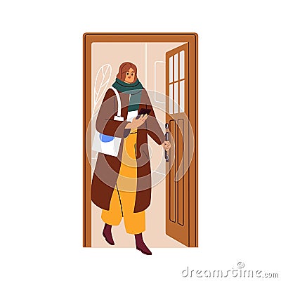 Woman leaving home, opening house door, exiting outside. Person in coat, holding mobile phone in hand, going out to work Vector Illustration