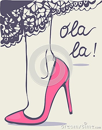 Woman legs in shoes and skirt with lace Vector Illustration