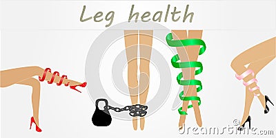 Woman legs with symptoms of varicose veins in different poses set. Elegant lying, standing, and sitting legs positions Vector Illustration