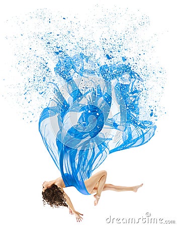 Woman Levitate In Art Dress, Fashion Model Levitation, Blue Stock Photo