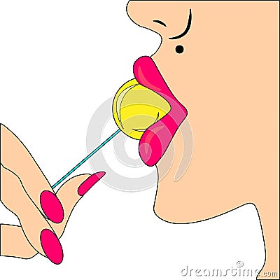 Web woman licking lollipop art style banner, red lips with lollipop Stock Photo