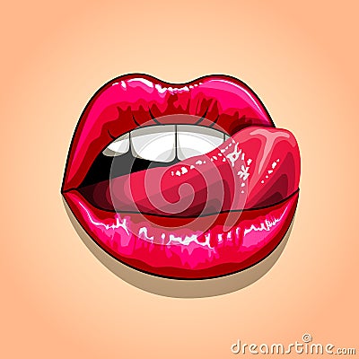 Woman licking red lips Vector Illustration