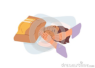 Woman lie on back massage therapist massaging face Vector Illustration