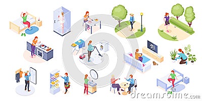 Woman daily life home routine activity, isometric Vector Illustration