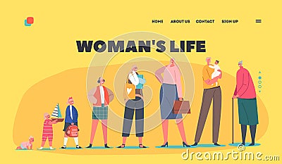 Woman Life Landing Page Template. Female Character Life Cycle, Different Ages Newborn Baby, Child, Teenager Vector Illustration