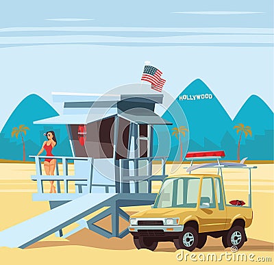 Woman lifeguard on duty with truck in Los Angeles beach Cartoon Illustration