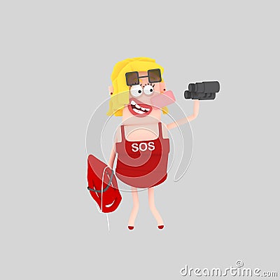 Woman lifeguard holding a float and binocular Cartoon Illustration