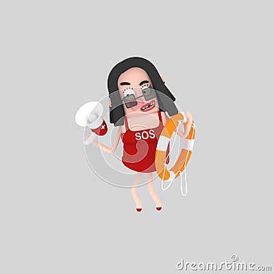 Woman lifeguard holding a float and speaker Cartoon Illustration