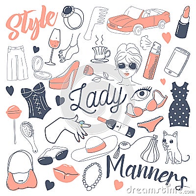 Woman Lifestyle Freehand Doodle. Hand Drawn Female Accessories and Makeup Vector Illustration