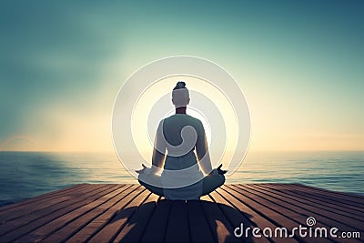 woman lifestyle meditation yoga sea summer pier pose ocean lotus fitness young. Generative AI. Stock Photo
