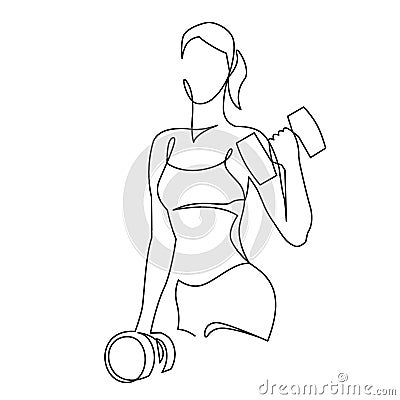 Woman lifting weights continuous one line drawing. Female bodybuilder vector hand drawn Vector Illustration