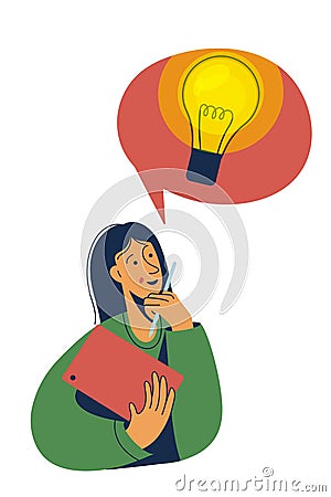 Woman with a light bulb over his head. Creative person with tablet in hands thinking at work. New idea, creativity Vector Illustration