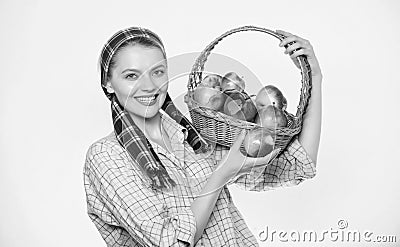 Woman likes natural fruits. Farmer gardener apple harvest. Girl gardener rustic style hold apple white background Stock Photo