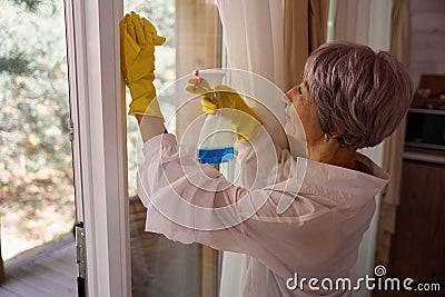 Woman with lilac hair washes a window with yellow rag Stock Photo