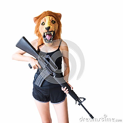 woman with lion mask hold m16 gun Stock Photo