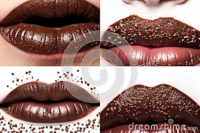 Woman Lips Closeup, Brown Lipstick, Chocolate Makeup, Beautiful Mouth Make-Up, Model Girl Lip Stock Photo