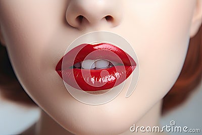 Woman Lips Closeup, Red Lipstick Makeup, Beautiful Mouth Make-Up, Model Girl Lip, Lips Macro Stock Photo