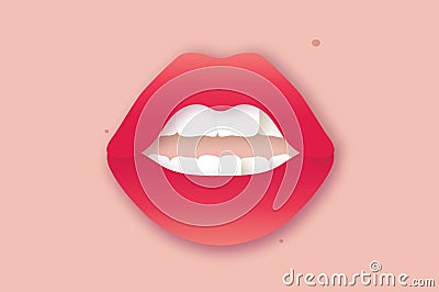 Woman lips. Girl mouths close up. Red lipstick. White teeth Vector Illustration