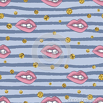 Woman lips and glitter on strips. Seamless pattern Vector Illustration