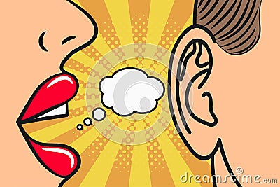 Woman lips whispering in mans ear with speech bubble. Pop Art style, comic book illustration. Gossip and secrets concept. Vector Illustration