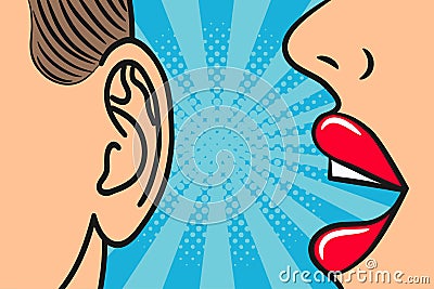 Woman lips whispering in mans ear with speech bubble. Pop Art style, comic book illustration. Secrets and gossip concept. Vector Illustration