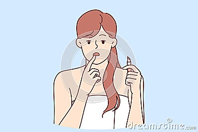 Woman with lipstick in hand, looks at screen instead of mirror and needs healing lip balm Vector Illustration