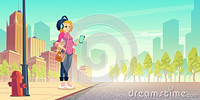 Woman listen music on street. Outdoor walk leisure Vector Illustration