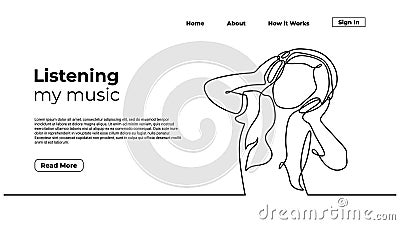 Woman listening music, continuous one line drawing. Vector illustration cheerful girl hearing entertainment audio. Landing page Vector Illustration