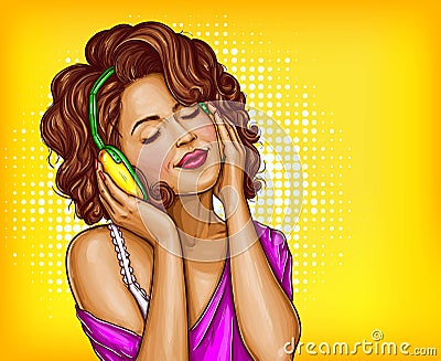 Woman listening music in headphones pop art Cartoon Illustration