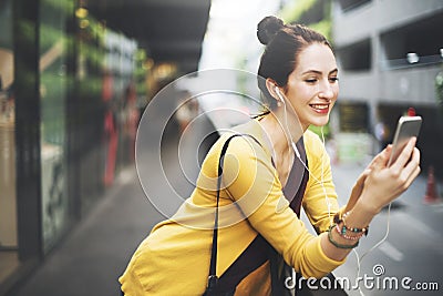 Woman Listening Music Media Entertainment Traveling Concept Stock Photo