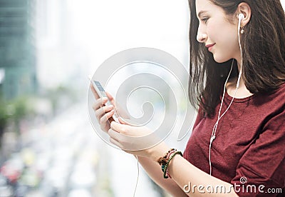 Woman Listening Music Media Entertainment Walking Concept Stock Photo