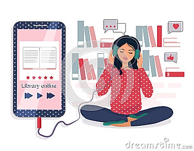 A woman listens to an audiobook. The concept of online learning. Electronic library. Vector illustration Vector Illustration