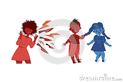Woman and Little Boy Aggressor Shouting and Pulling Hair of Victim Vector Set Vector Illustration
