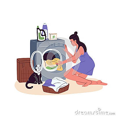 Woman loading dirty clothes from laundry basket into washer drum. Housewife putting garments into washing machine Vector Illustration