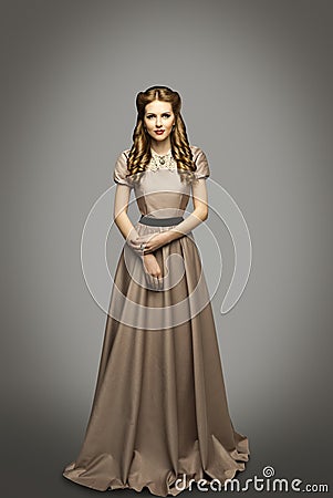 Woman Long Dress, Fashion Model in Historical Gown Gray Stock Photo