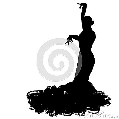 Woman in long dress stay in dancing pose. flamenco dancer Spanish regions of Andalusia, Extremadura Murcia. black silhouette Isola Vector Illustration