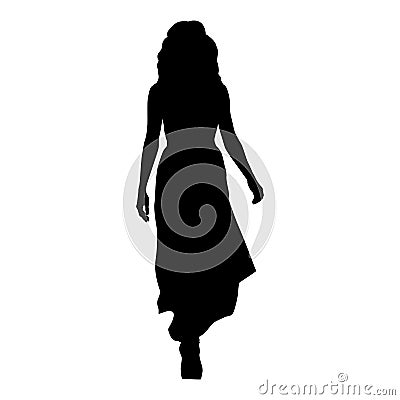 Woman in long evening dress walking forward, isolated vector silhouette, front view Vector Illustration