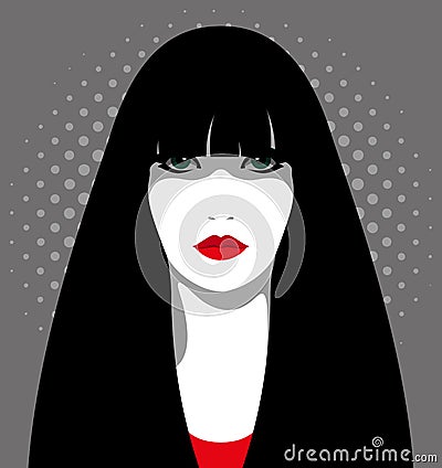 Mysterious woman with long black hair Vector Illustration