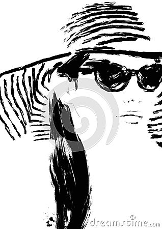 Woman with long hair, hat and sunglasses, abstract painting, fashion illustration in black and white Cartoon Illustration