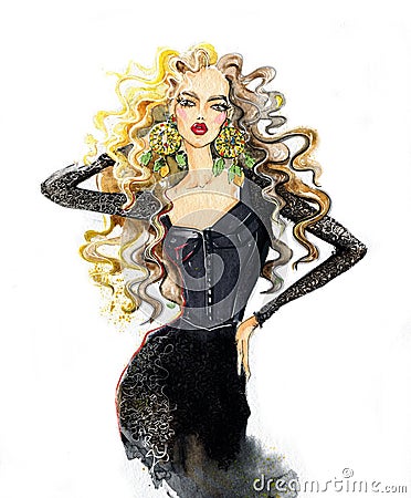 A woman with long hair, a watercolor. Cartoon Illustration