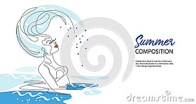 Woman with long hair. Woman in the water. Girl shakes her hair. Vector Illustration