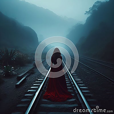 A woman in a long red dress walks along the rails in the fog. Stock Photo