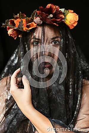 Woman in Goddess Persephone Outfit With Veil Stock Photo